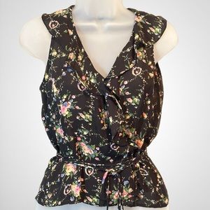 Lauren by Ralph Lauren Black Floral Silk Top Sz 8